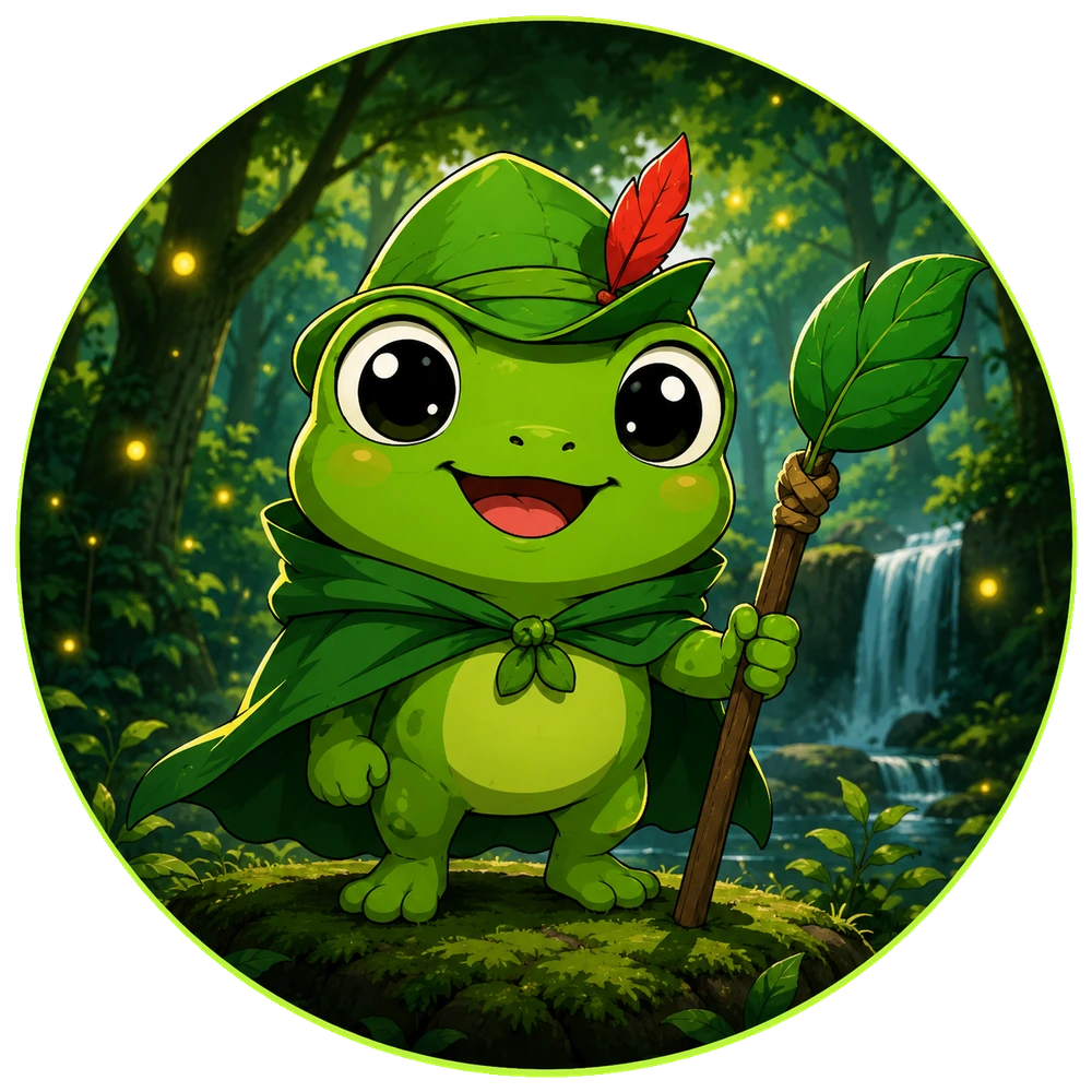RWOG frog mascot in an enchanted forest